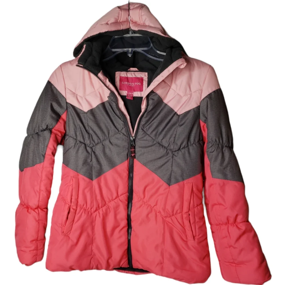 London Fog Girls Puffer Coat XL Hooded Chevron Colorblock Fleece Lined Winter